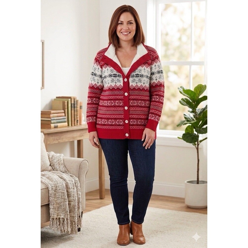 CJ Banks Plus Size 1X Fair Isle Cardigan Sweater Red White Gray Mock Neck Button